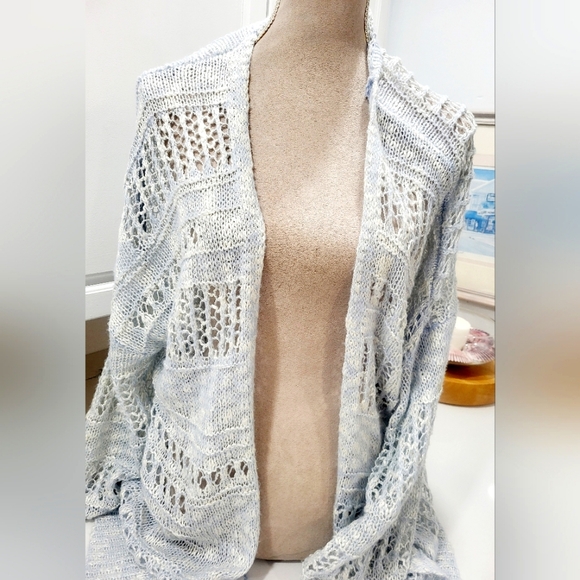 Women's Open Knit Cardigan- Pastel Blue/White - Picture 1 of 9